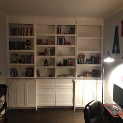 Office Book shelves and storage cabinets.  Matching existing crown molding